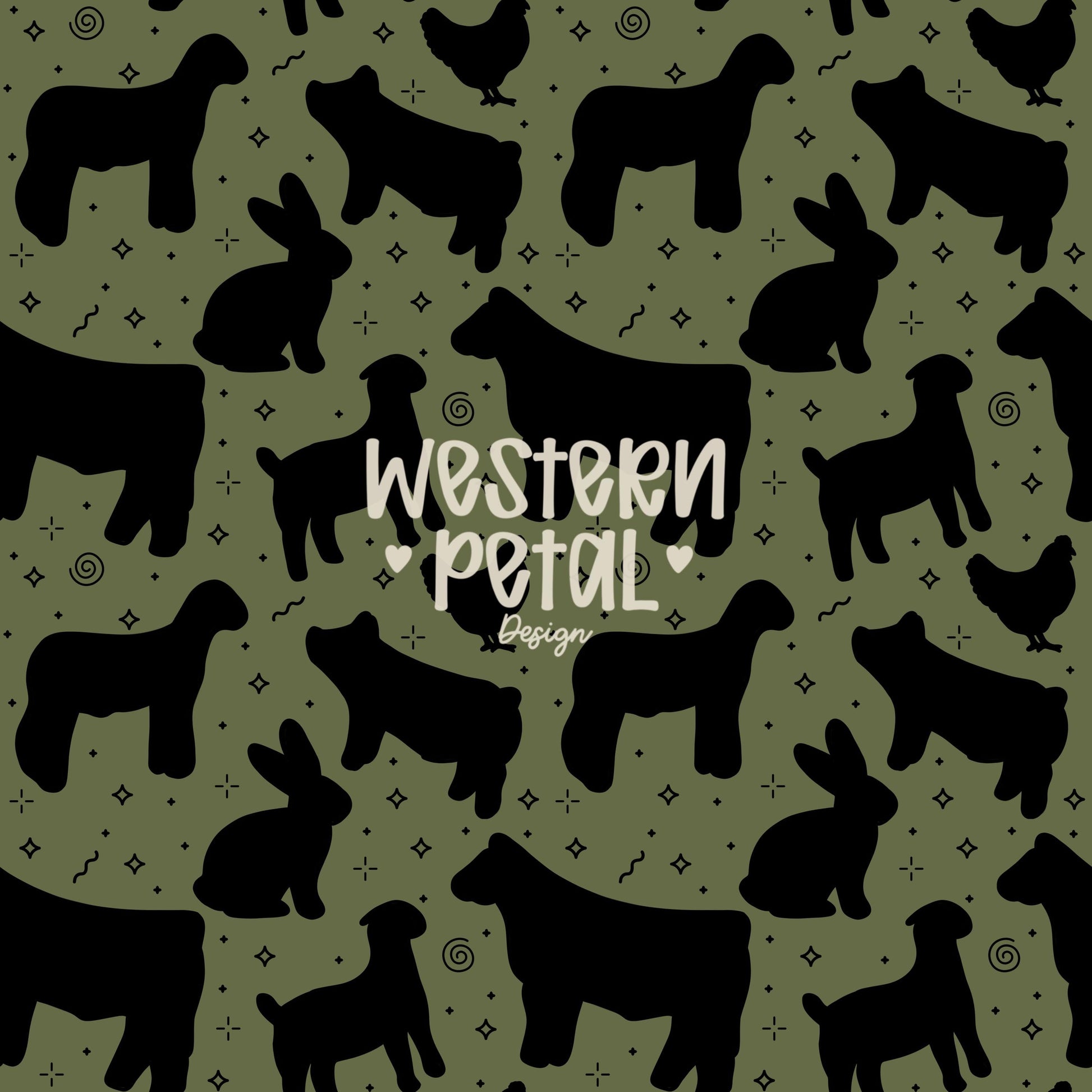4H Livestock Seamless Pattern Green Farm Animals Show Barn Boho Digital Download