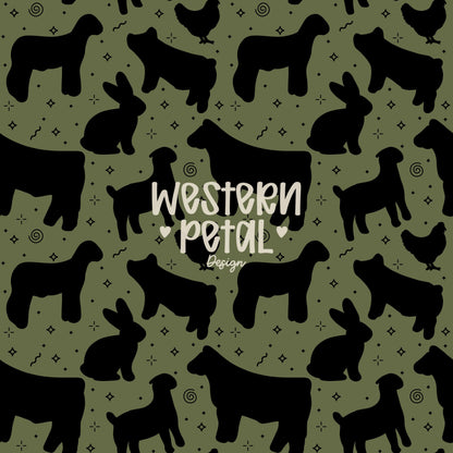 4H Livestock Seamless Pattern Green Farm Animals Show Barn Boho Digital Download