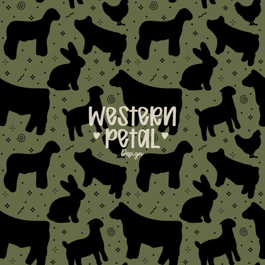 4H Livestock Seamless Pattern Green Farm Animals Show Barn Boho Digital Download
