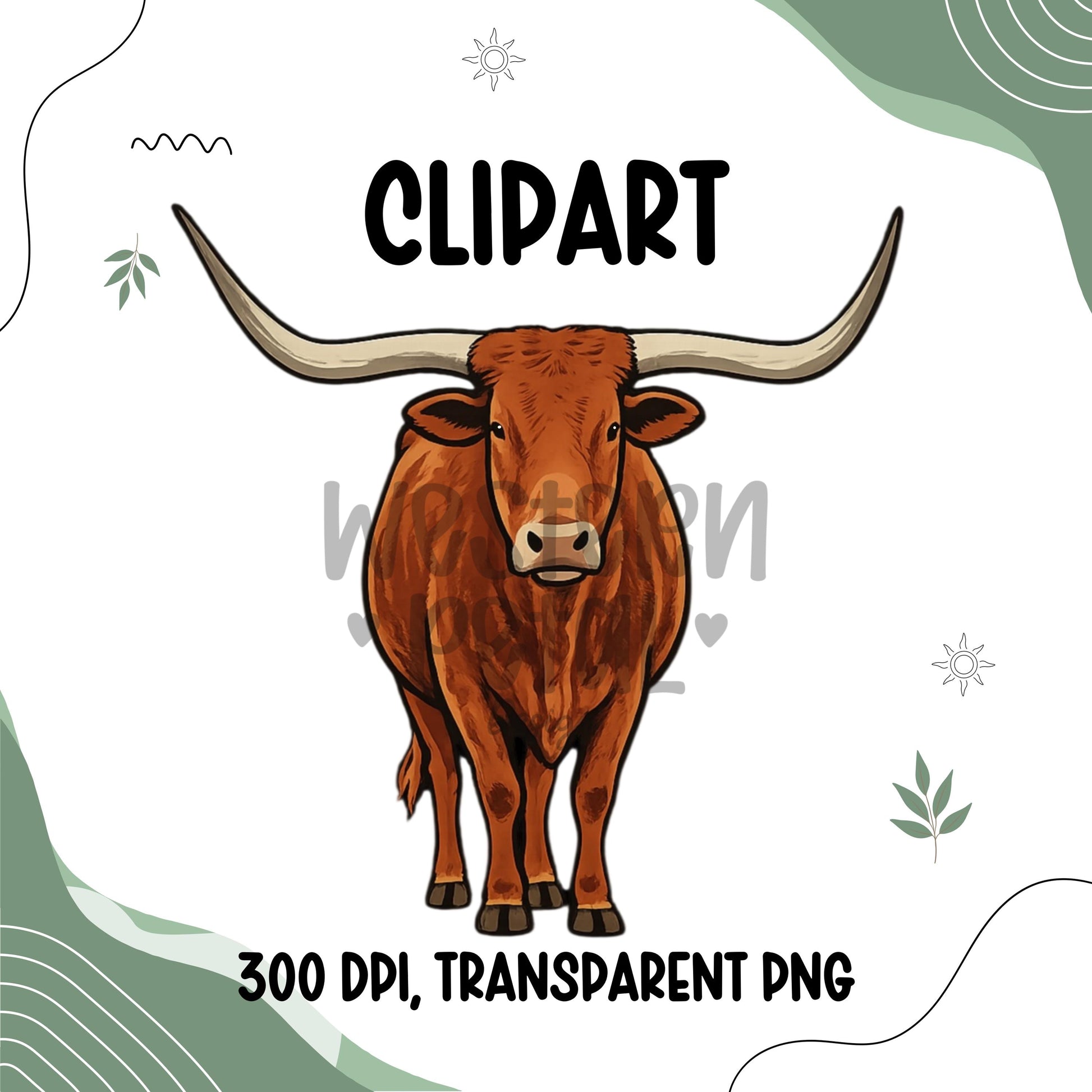 Longhorn Cow Clipart PNG Bundle Set | Front Facing Cattle Illustration | 300 DPI Transparent PNG