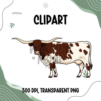 Longhorn Cow Clipart PNG Bundle Set | Side View Cattle Illustration | 300 DPI Transparent PNG