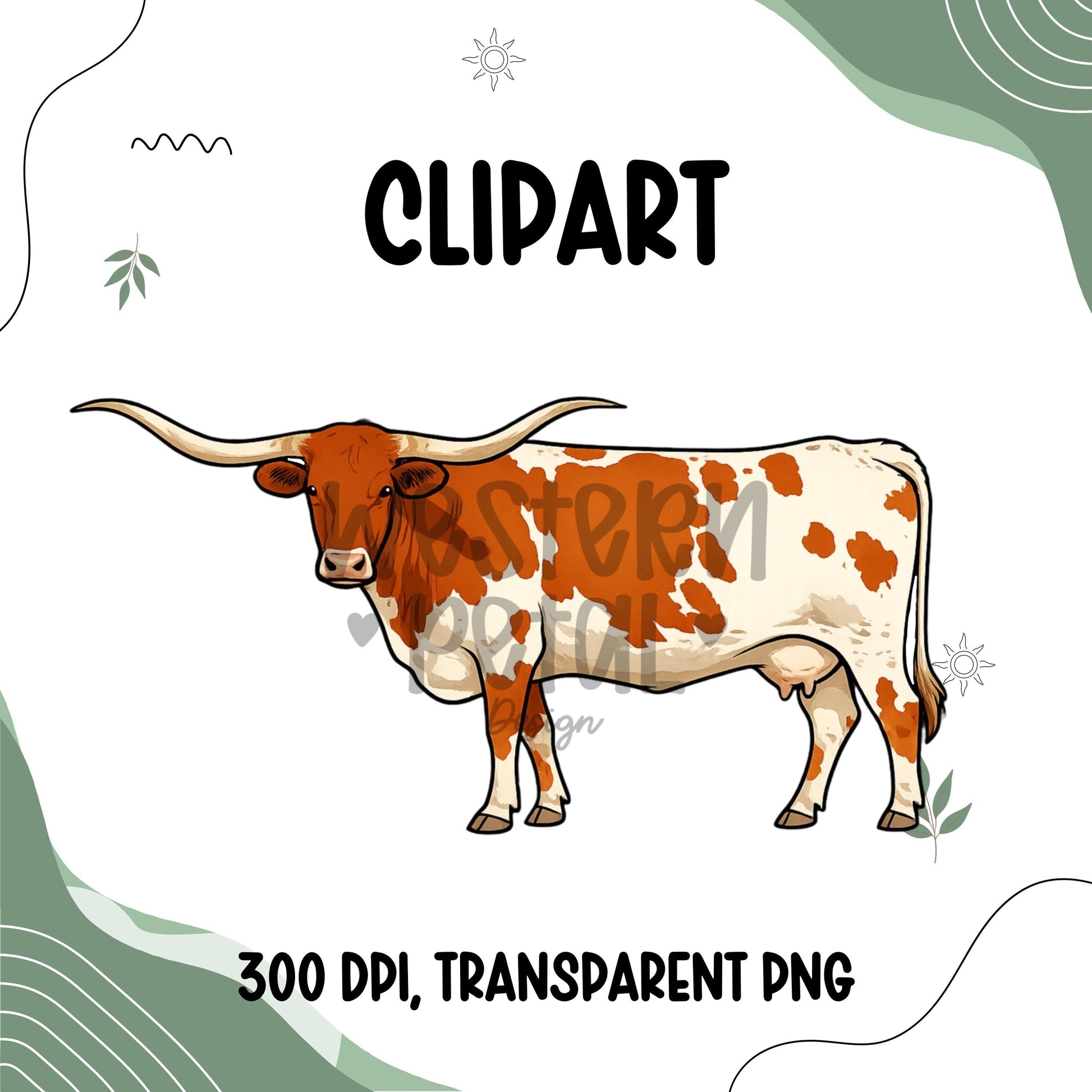 Longhorn Cow Clipart PNG | Side View Cattle Illustration | 300 DPI Transparent PNG