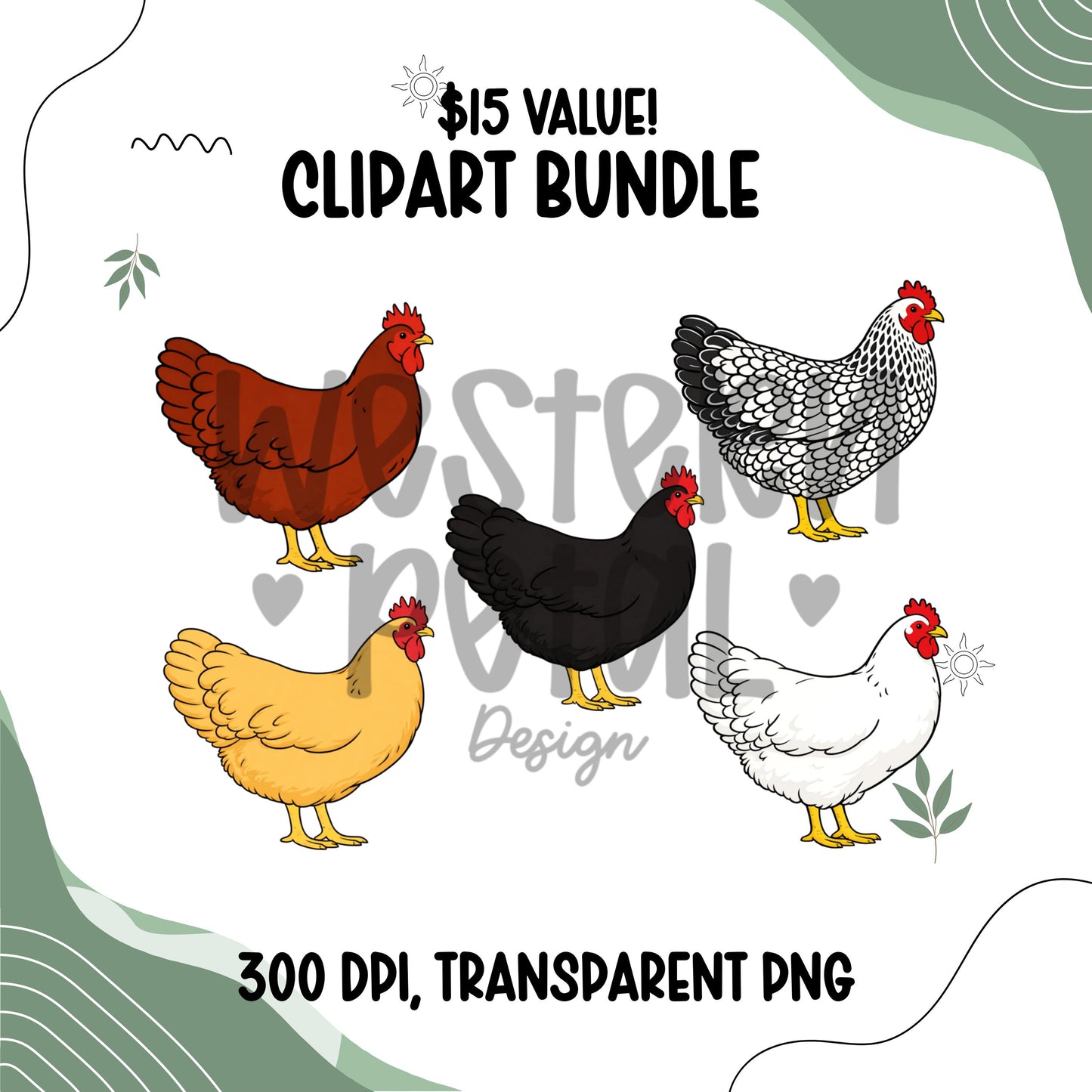 Hen Clipart Bundle, Farmhouse Style Chicken Illustrations (PNG Digital Download)