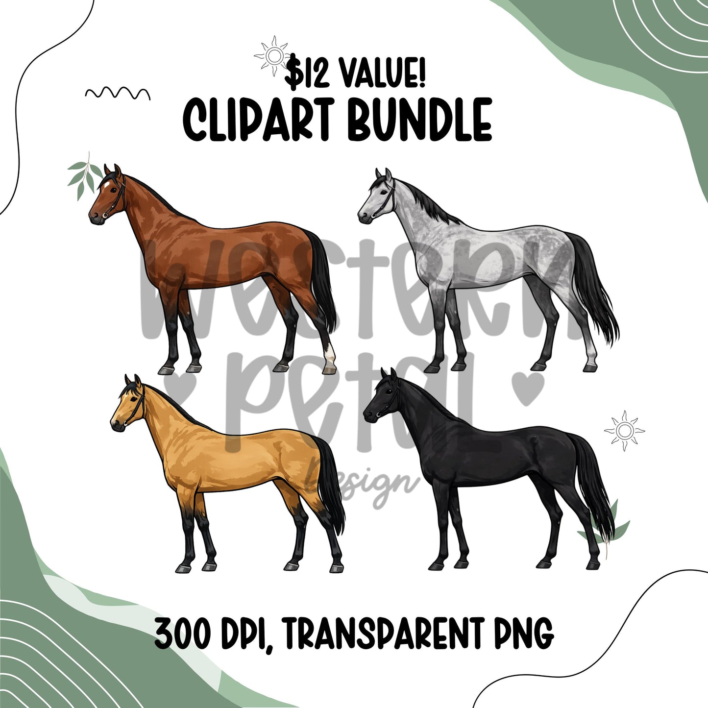 Western Horse Clipart Bundle, Equestrian PNG Graphics, Full Body Horses for Shirts, Stickers, Ranch, Farm, Western-Themed Digital Download