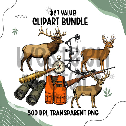 Hunting Clipart Bundle PNG, Deer Elk Hunting Graphics, Bow Rifle Outdoor Clipart Set, Camo Hunting Design, 4H FFA Digital Download