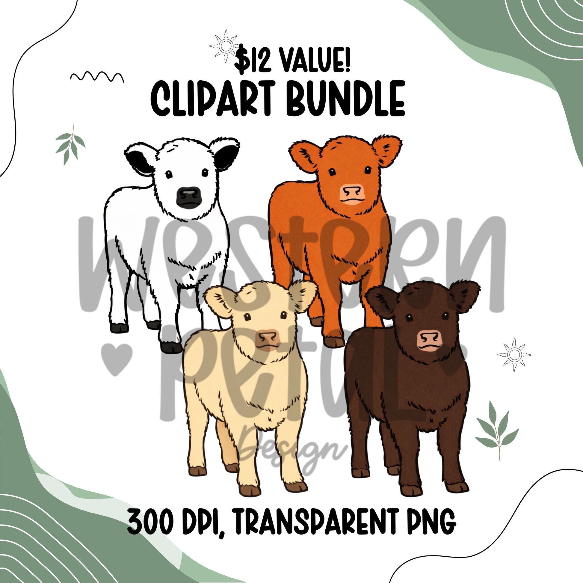 Calf Clipart Bundle Farm Animal PNG Set Baby Cow Graphics | 300 DPI | Transparent Background