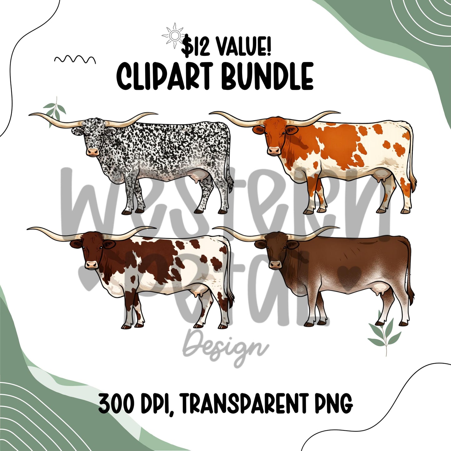 Longhorn Cow Clipart PNG Bundle Set | Side View Cattle Illustration | 300 DPI Transparent PNG