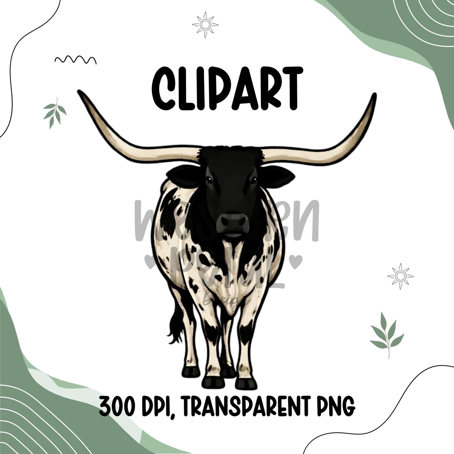 Longhorn Cow Clipart PNG Bundle Set | Front Facing Cattle Illustration | 300 DPI Transparent PNG