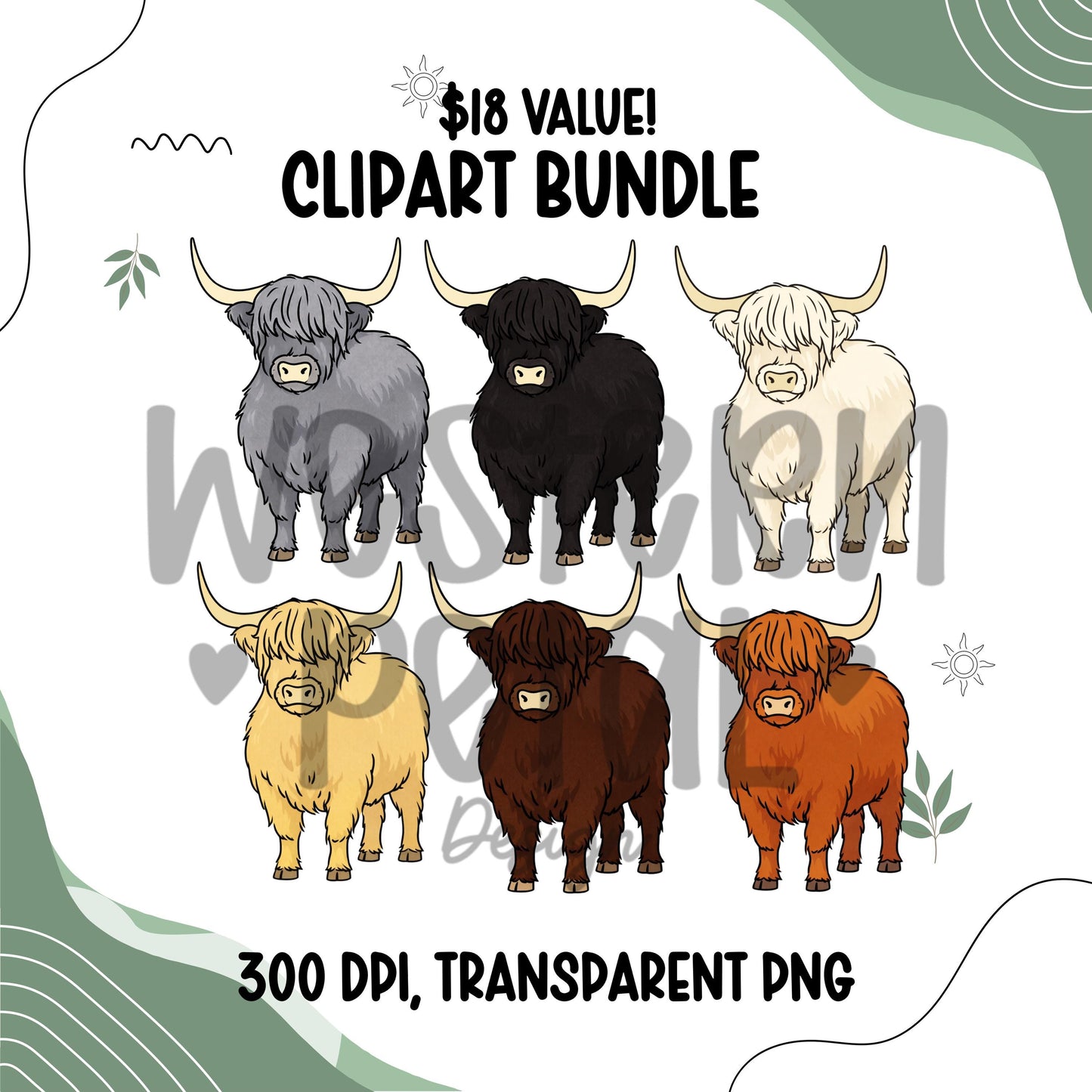 Highland Cow Clipart PNG Bundle Set | Longhorn Cattle Illustration | 300 DPI Transparent PNG