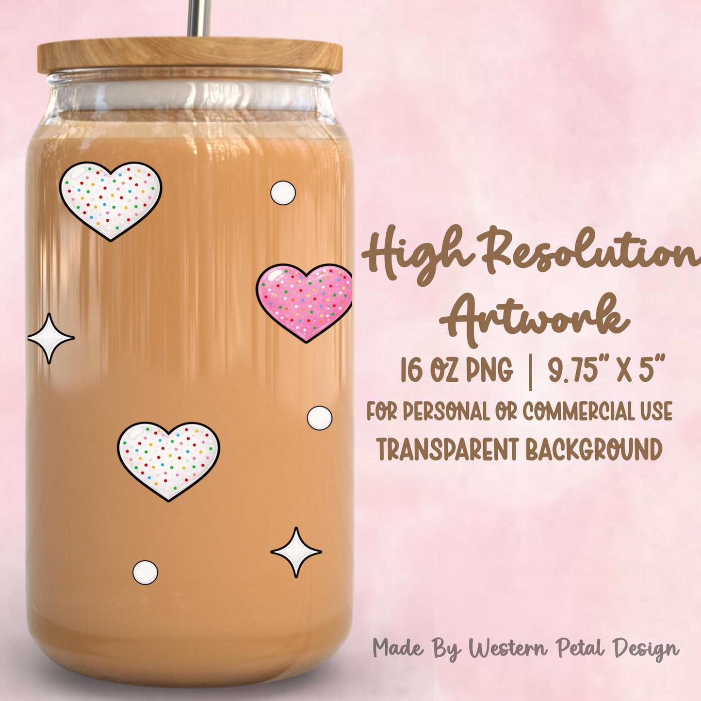 Pink Heart Cookie Glass Can Wrap | 16oz Tumbler PNG (Digital Download)