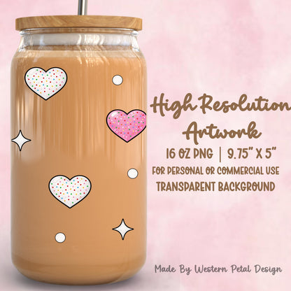 Pink Heart Cookie Glass Can Wrap | 16oz Tumbler PNG (Digital Download)