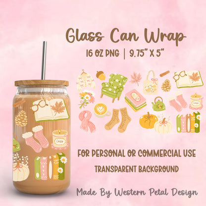 Fall Cozy 16oz Glass Can Wrap PNG | Pumpkin, Coffee Design (Digital Download)