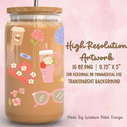 Teacher Appreciation 16oz Glass Can Wrap PNG | Pastel School Design (Digital Download)