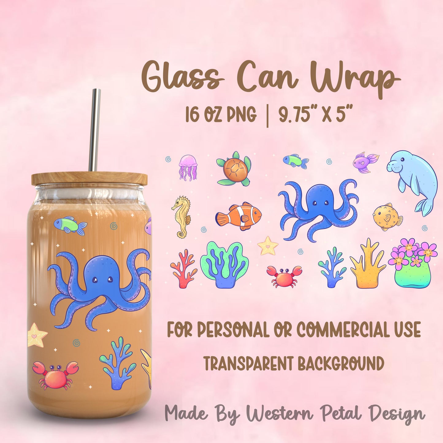 Ocean themed glass can wrap on 16oz tumbler with octopus manatee fish and coral design
