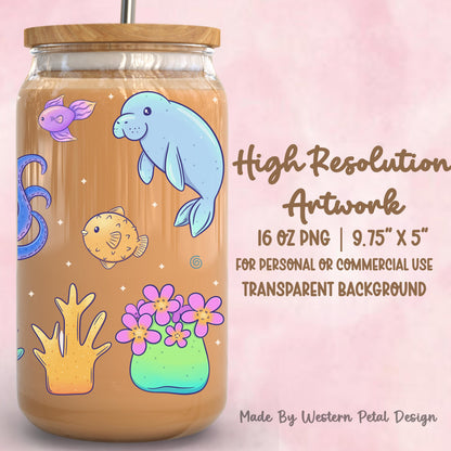 Ocean Animals Glass Can Wrap PNG | 16oz Tumbler Libbey Can UV DTF Design