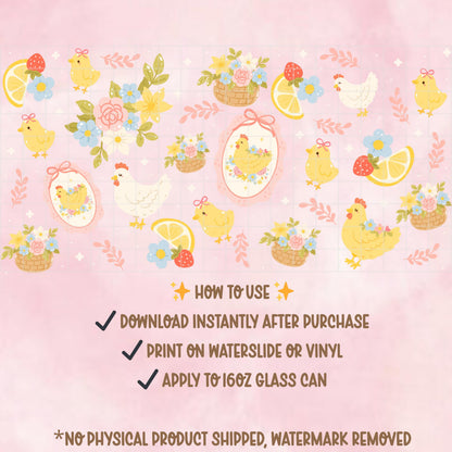 Easter Chick 16oz Tumbler Wrap PNG | Spring Floral Glass Can Design (Digital Download)