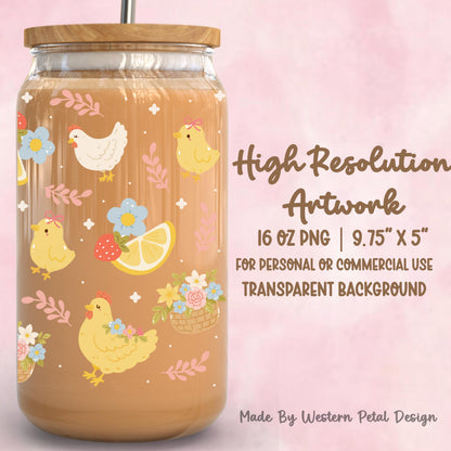 Easter Chick 16oz Tumbler Wrap PNG | Spring Floral Glass Can Design (Digital Download)