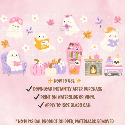 Ghost Reading 16oz Can Wrap PNG | Fall Halloween Tumbler Design (Digital Download)