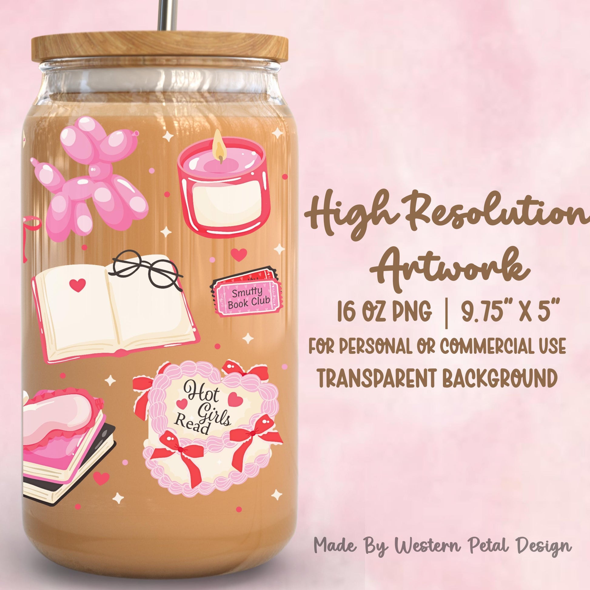 Pink Coquette Bookish 16oz Glass Can Wrap | Romance Girlie PNG (Digital Download)