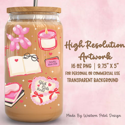 Pink Coquette Bookish 16oz Glass Can Wrap | Romance Girlie PNG (Digital Download)