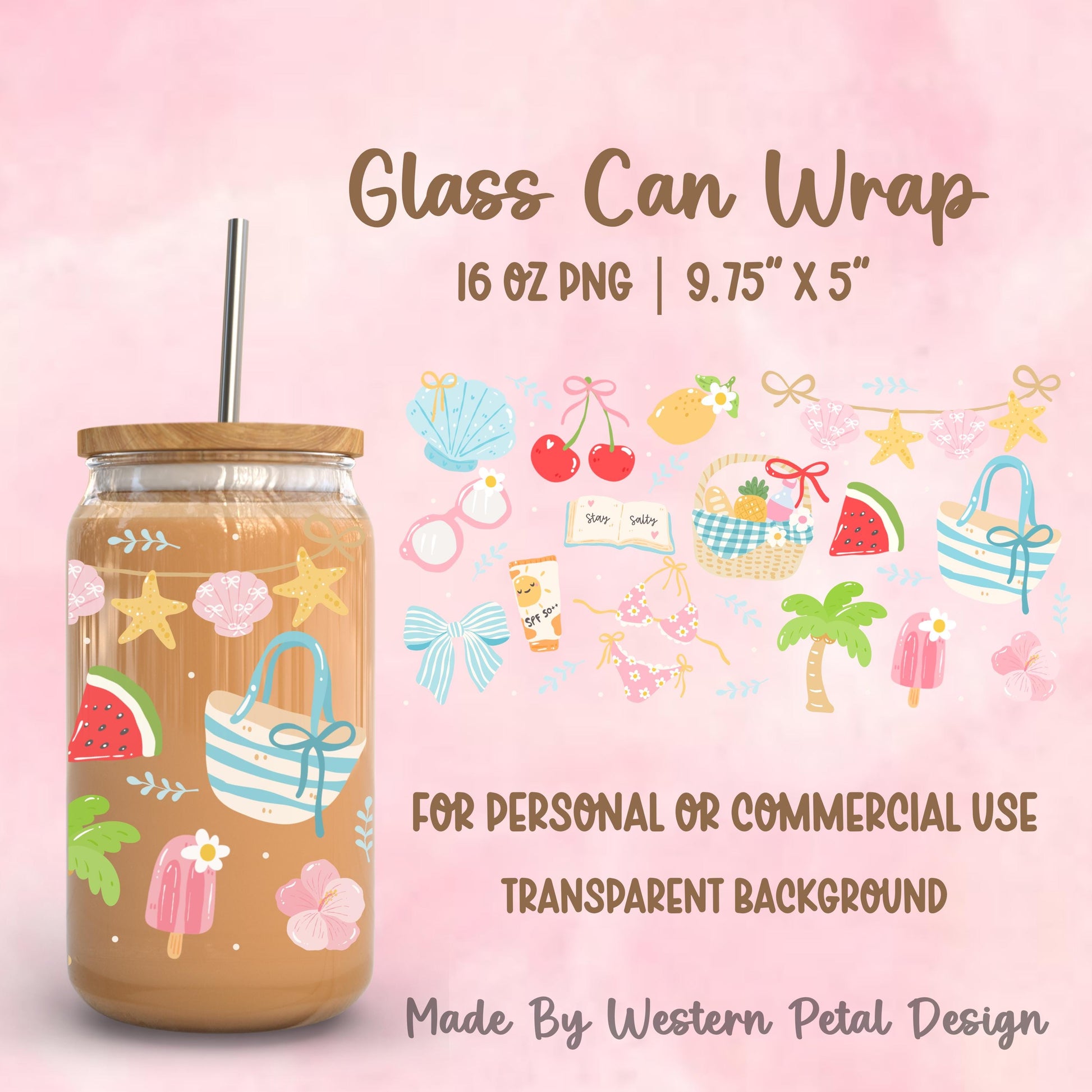 Summer beach glass can wrap on iced coffee cup with lemons cherries and bows