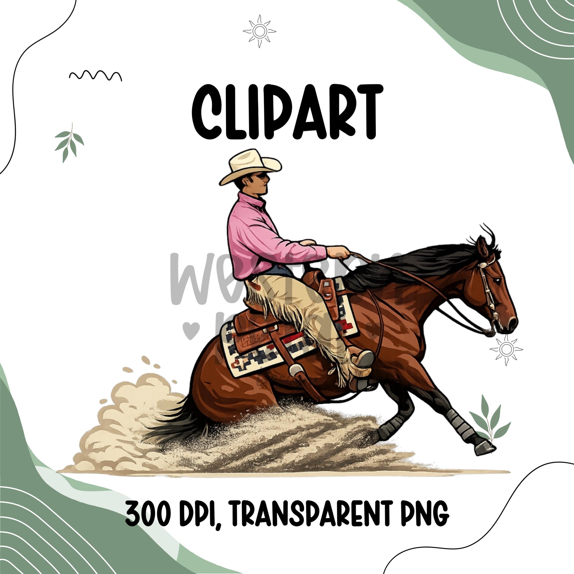 Western reining horse rider clipart PNG showing cowboy performing sliding stop on brown horse, transparent background digital download