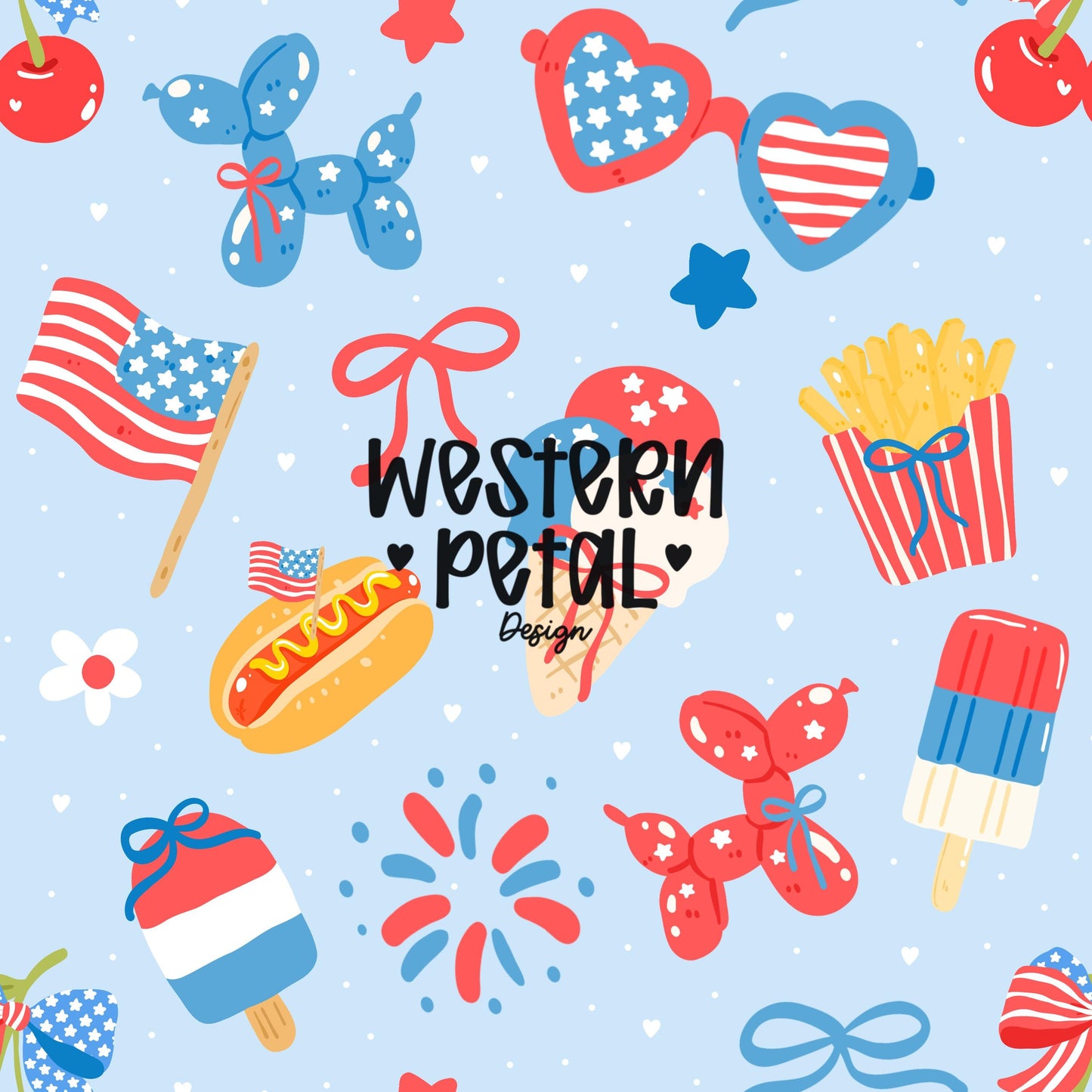 Seamless 4th of July digital paper with red white and blue bows balloons ice cream popsicles fireworks and summer elements on light blue background