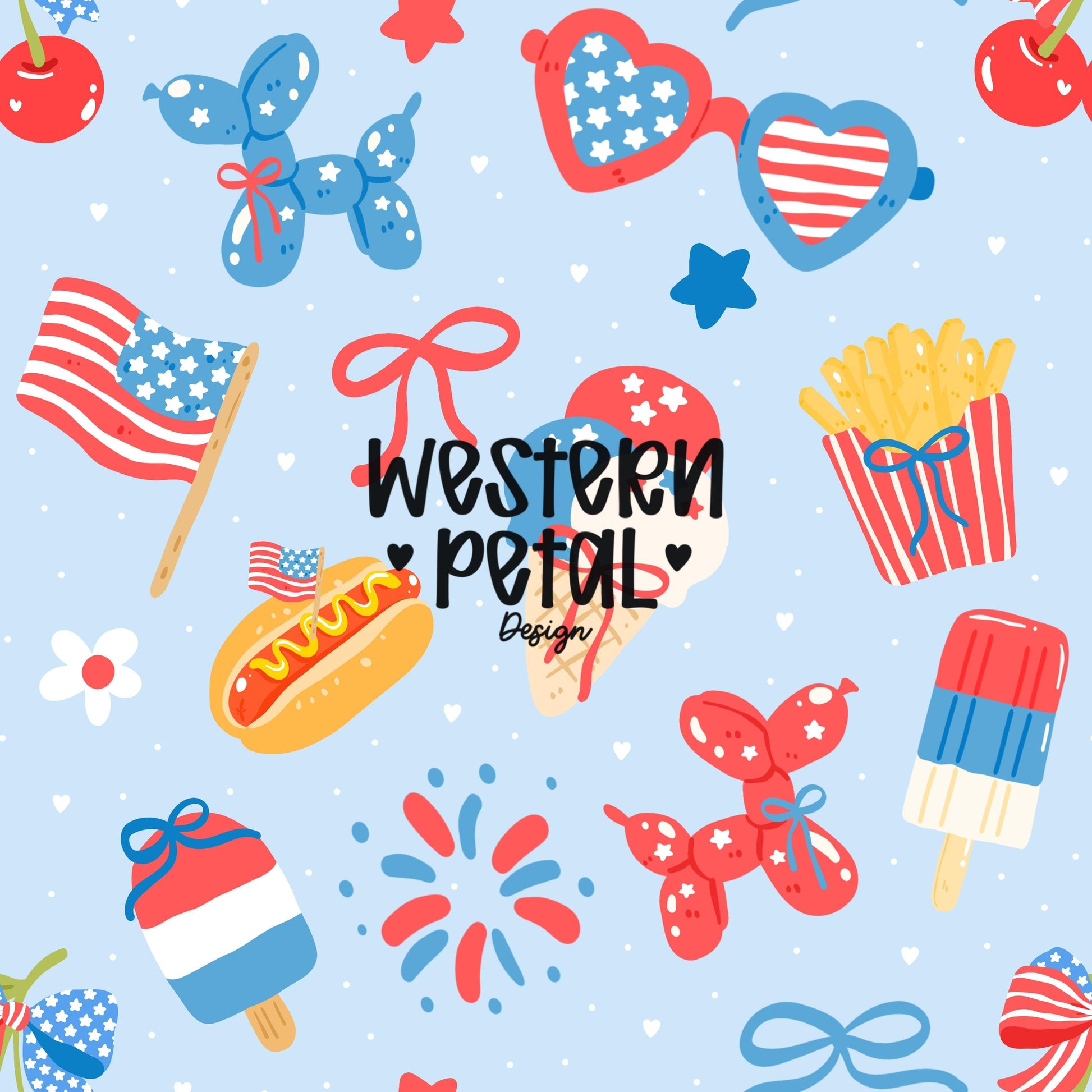 Seamless 4th of July digital paper with red white and blue bows balloons ice cream popsicles fireworks and summer elements on light blue background