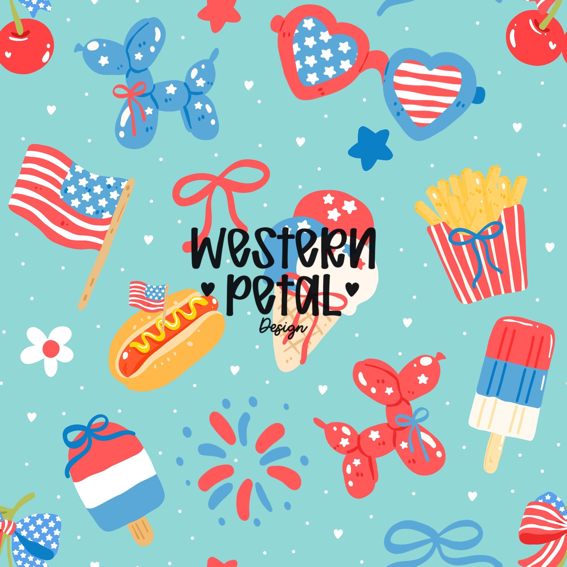Seamless 4th of July digital paper with red white and blue bows balloons ice cream popsicles fireworks and summer elements on turquoise background