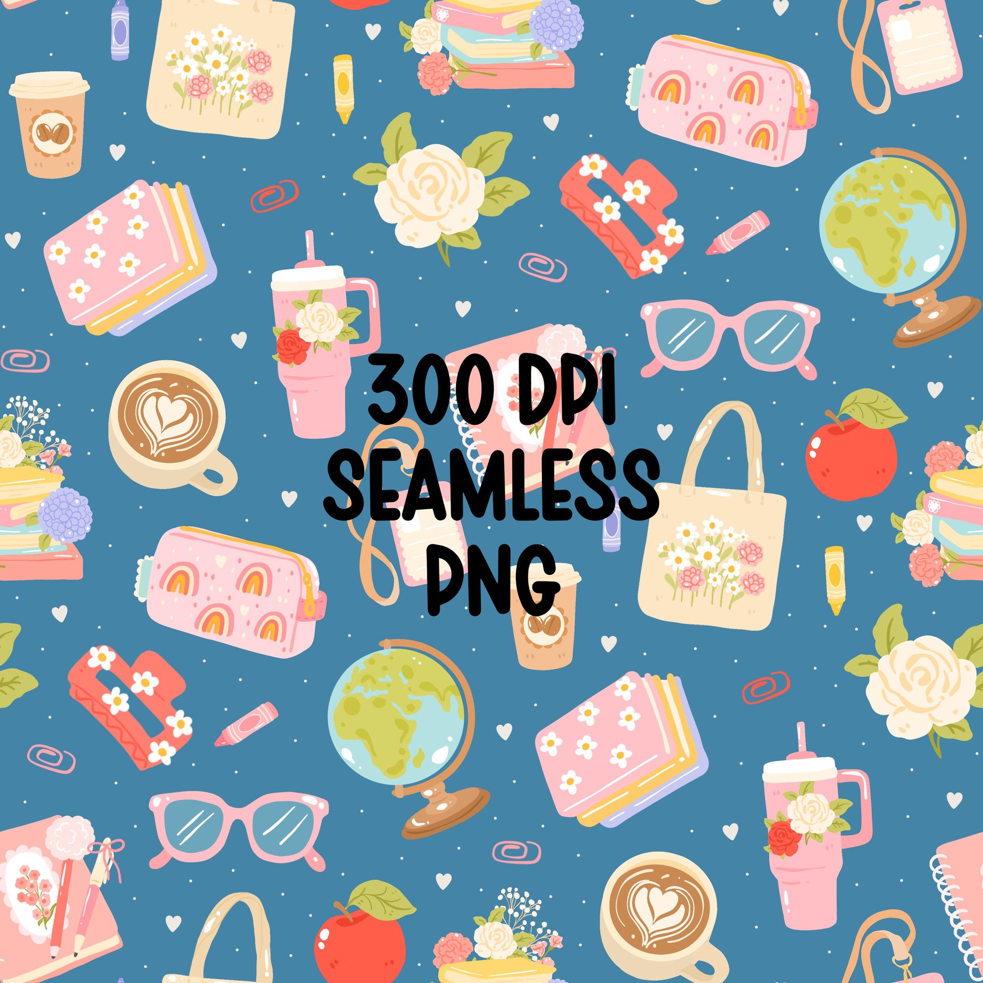 Teacher Seamless Pattern | Floral Coffee, Classroom Design (12x12 PNG Digital Download)