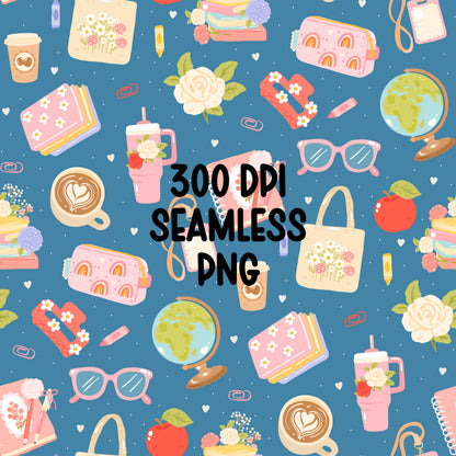 Teacher Seamless Pattern | Floral Coffee, Classroom Design (12x12 PNG Digital Download)
