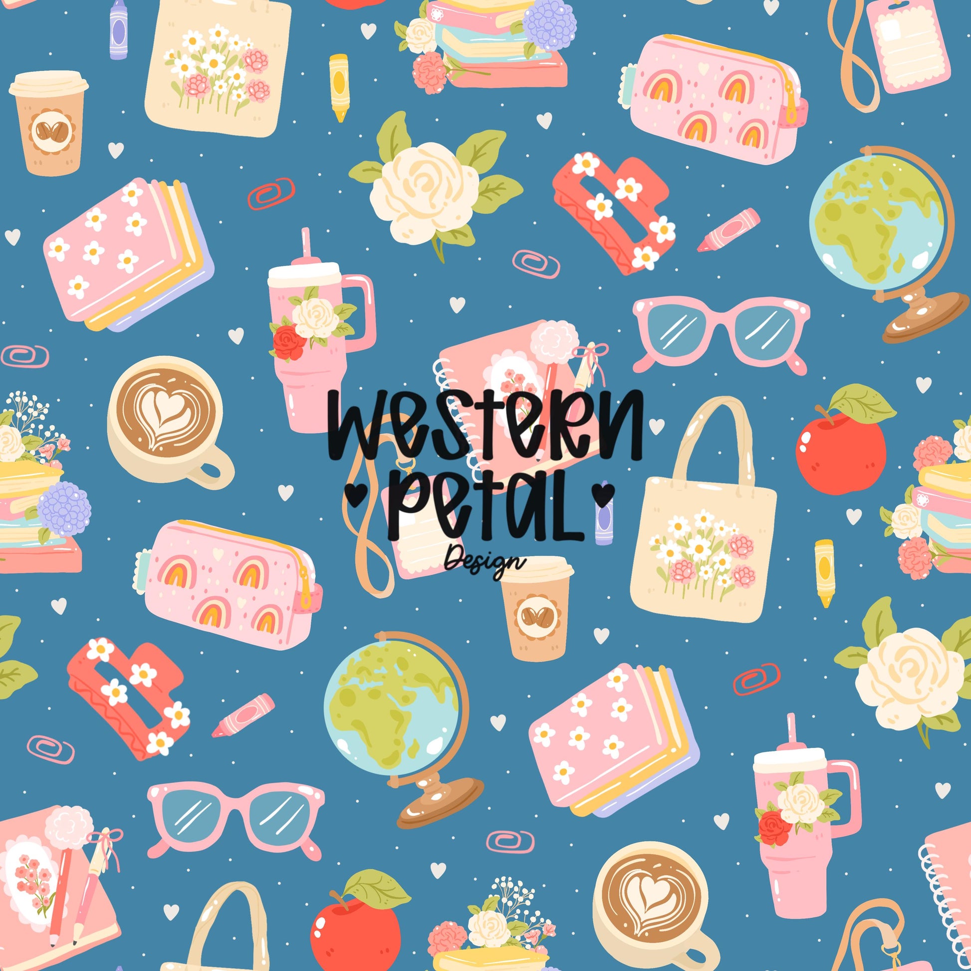 Seamless teacher digital paper with coffee cups planners books flowers apples globes and pastel school elements on blue background