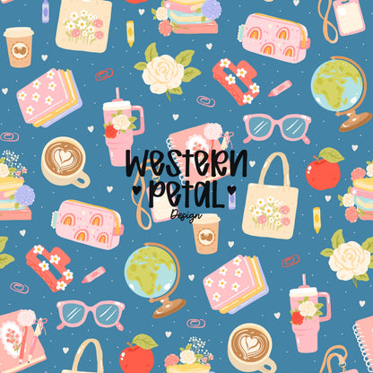 Seamless teacher digital paper with coffee cups planners books flowers apples globes and pastel school elements on blue background