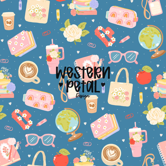 Seamless teacher digital paper with coffee cups planners books flowers apples globes and pastel school elements on blue background