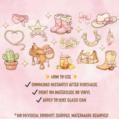 Pink Cowgirl Glass Can Wrap PNG | Western Boots, Cactus, Saddle (Digital Download)