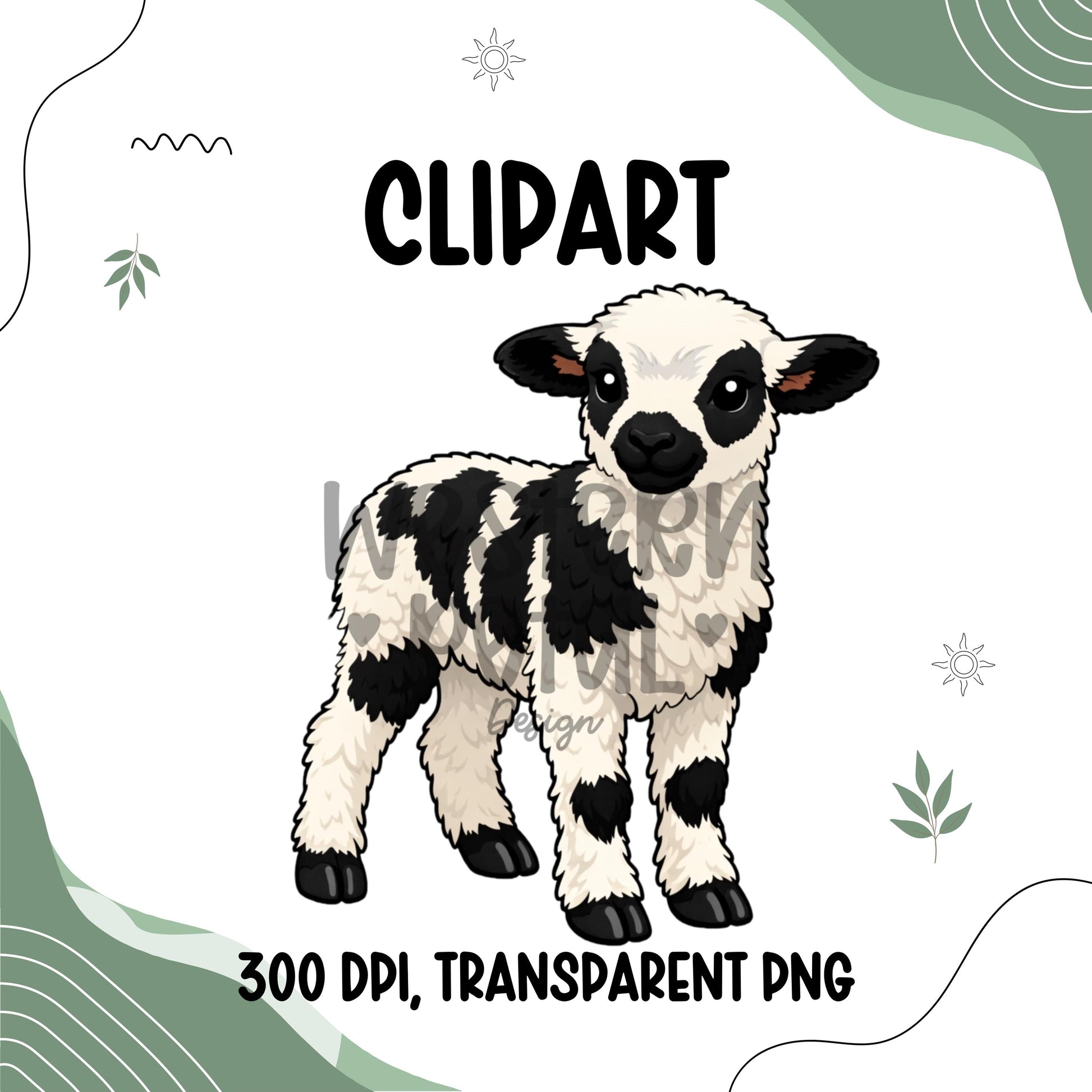 Valais Blacknose lamb clipart with fluffy black and white wool, cute sheep illustration, transparent background digital download
