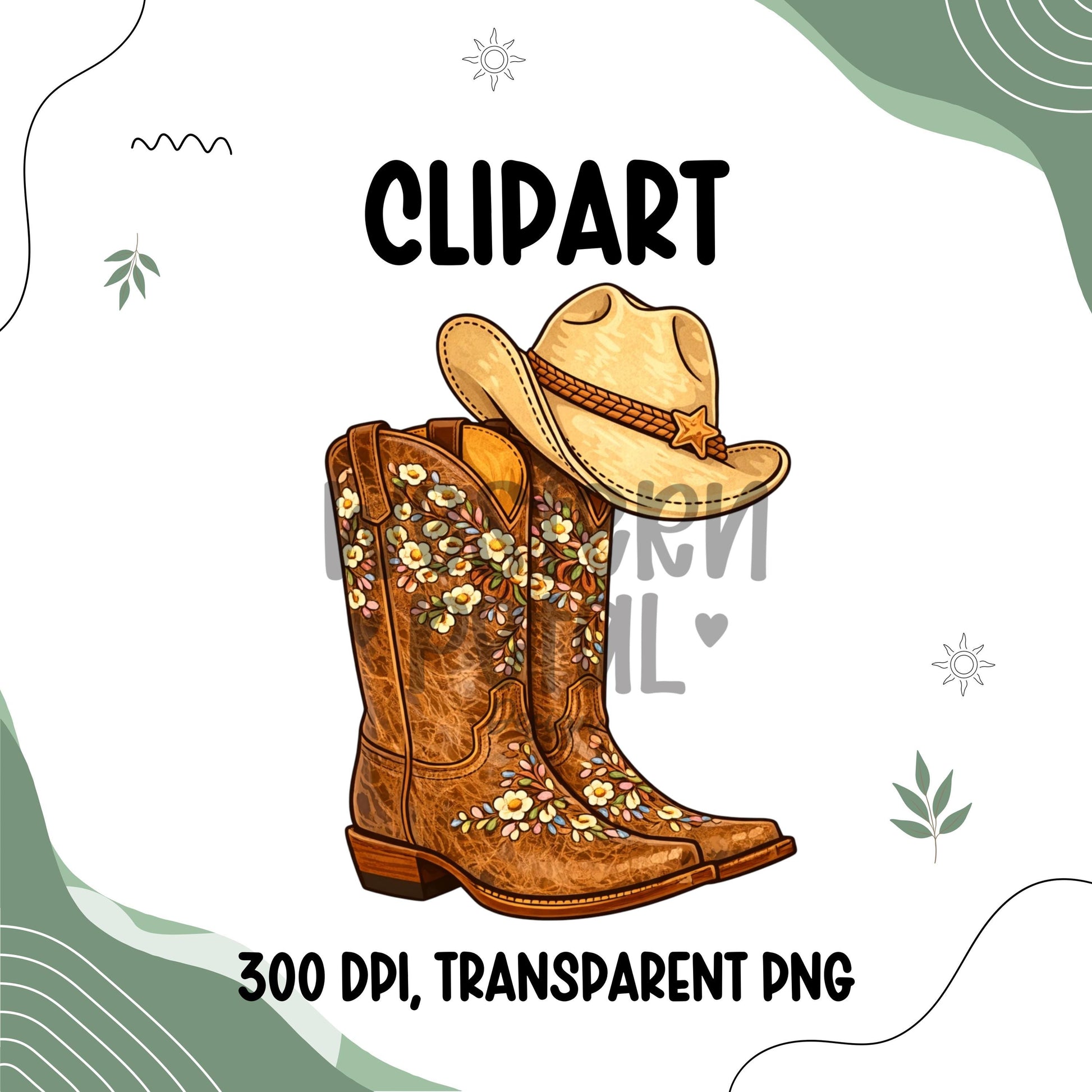 Floral stitched cowgirl boots clipart PNG with western boho design and transparent background for sublimation projects