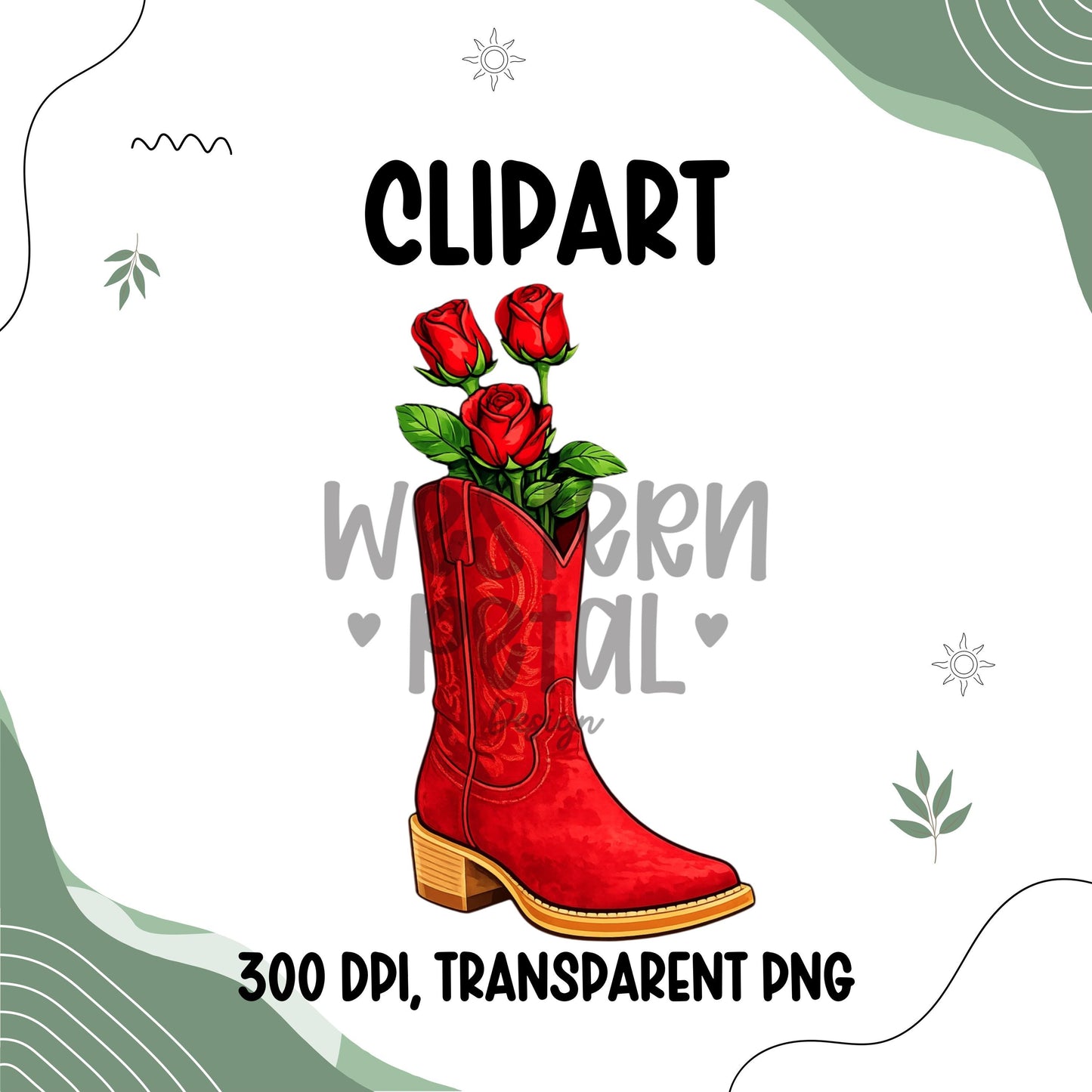 Cowgirl boots with flowers clipart PNG featuring western boho floral design on transparent background for sublimation crafts