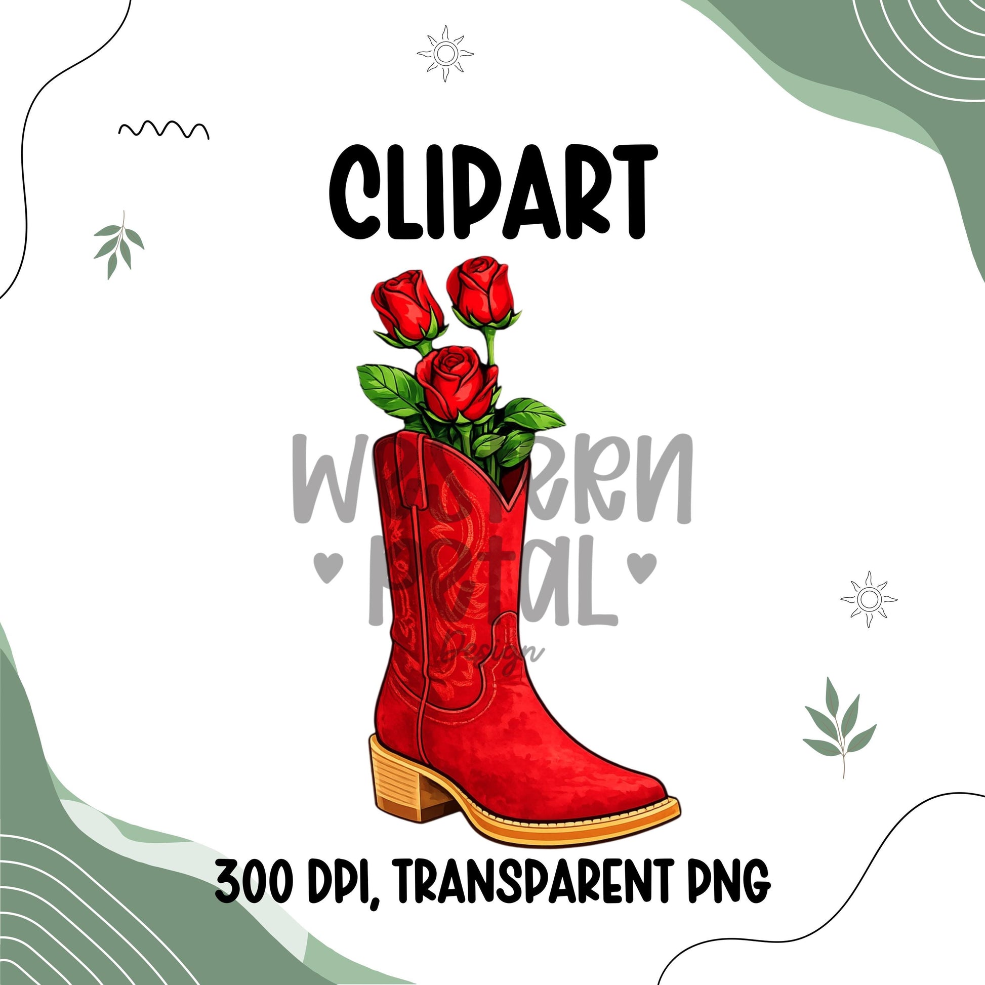 Cowgirl boots with flowers clipart PNG featuring western boho floral design on transparent background for sublimation crafts