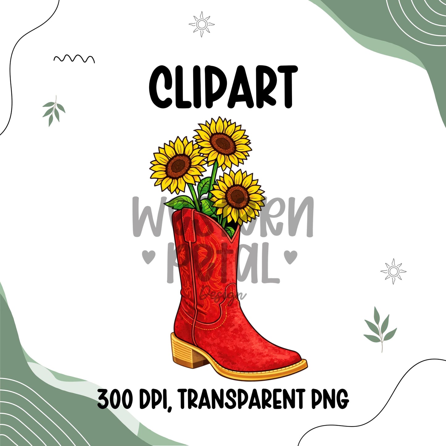 Cowgirl boots with flowers clipart PNG featuring western boho floral design on transparent background for sublimation crafts