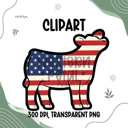 Patriotic steer clipart PNG with American flag pattern and black outline on transparent background for sublimation projects