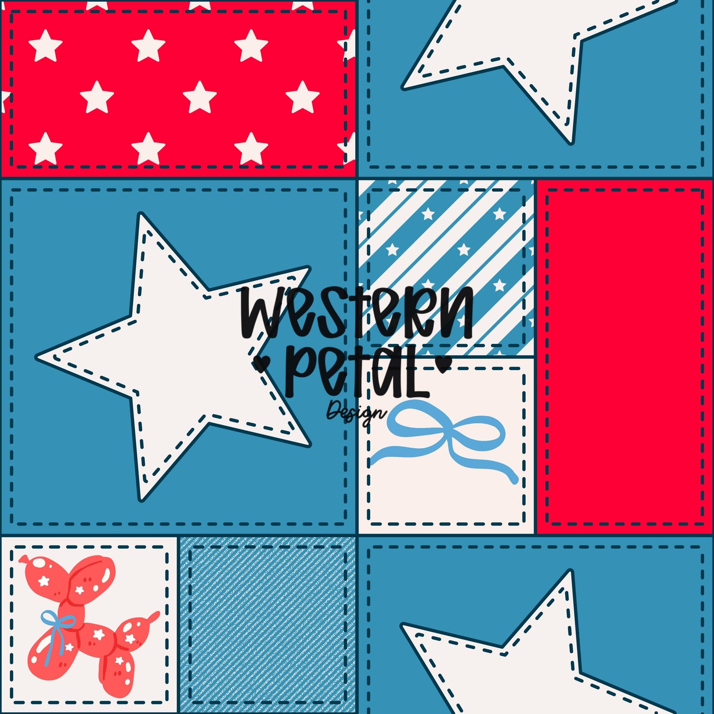 4th of July red white and blue patchwork seamless pattern with stitched stars bows butterflies and quilt style Americana squares