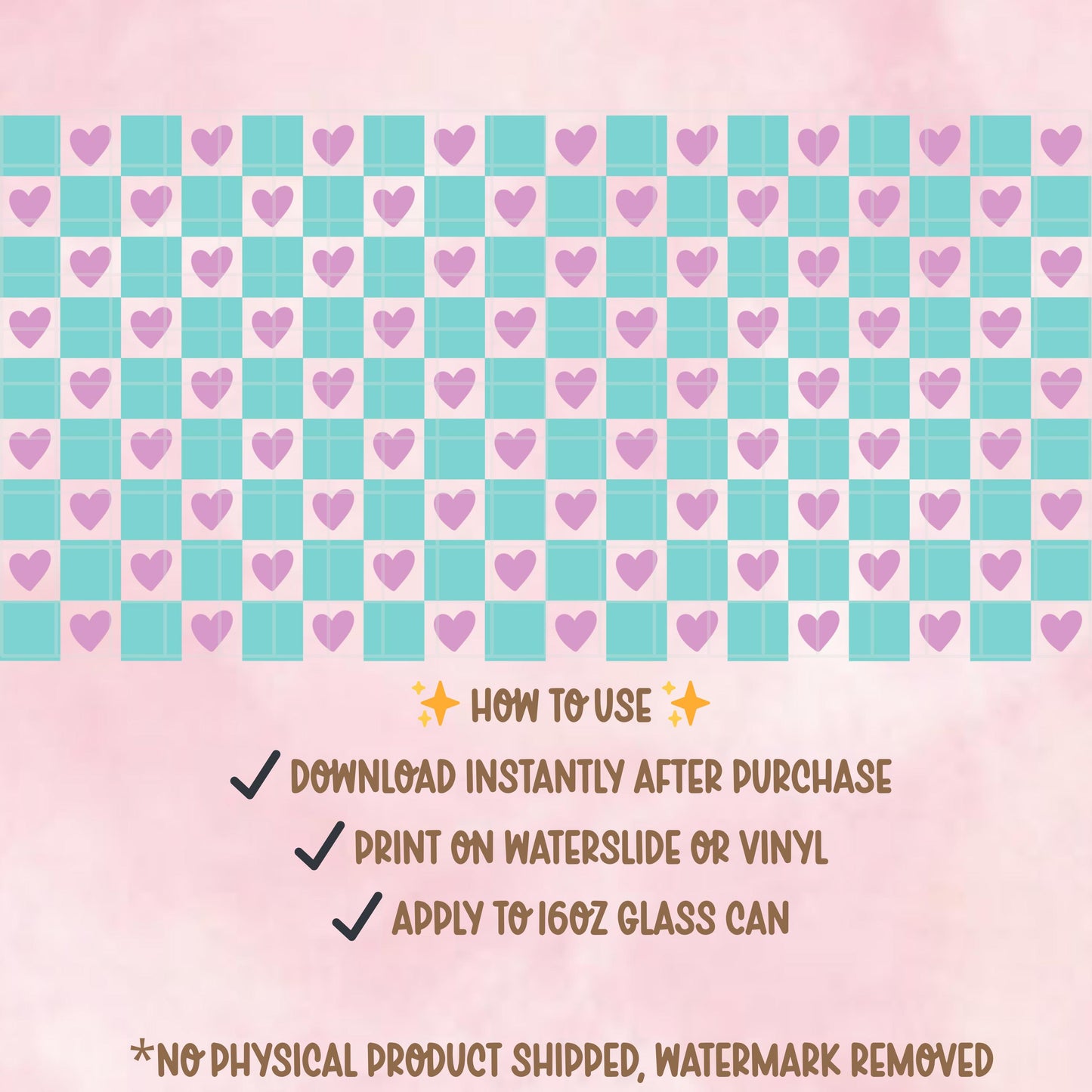 Pastel Checker Heart Glass Can Wrap PNG | 16oz Tumbler Design (Digital Download)