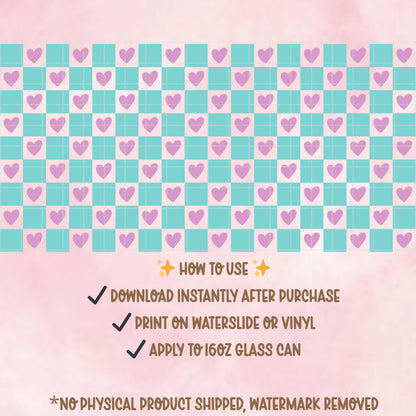 Pastel Checker Heart Glass Can Wrap PNG | 16oz Tumbler Design (Digital Download)