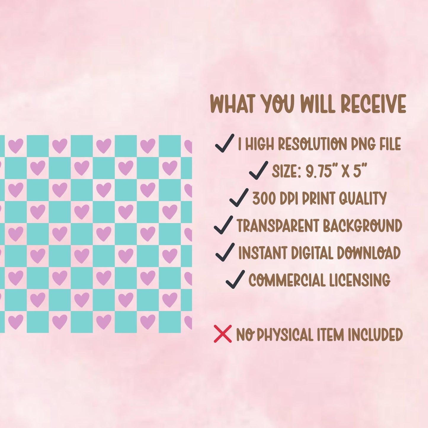 Pastel Checker Heart Glass Can Wrap PNG | 16oz Tumbler Design (Digital Download)