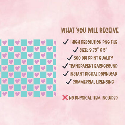 Pastel Checker Heart Glass Can Wrap PNG | 16oz Tumbler Design (Digital Download)