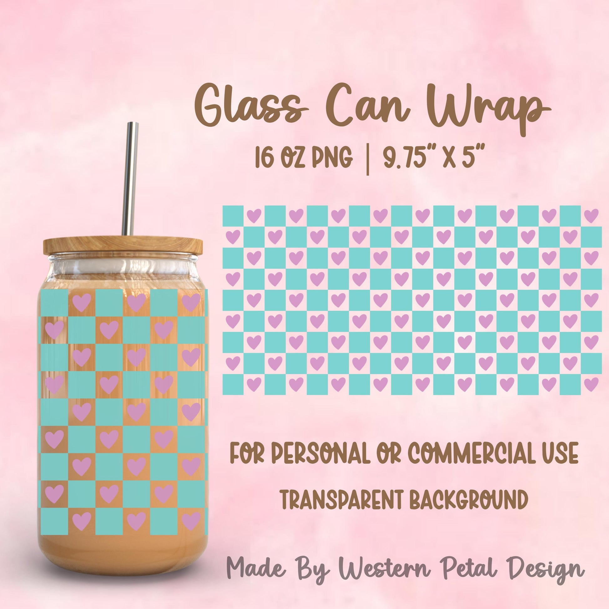 Pastel Checker Heart Glass Can Wrap PNG | 16oz Tumbler Design (Digital Download)