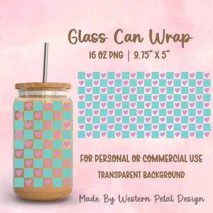Pastel Checker Heart Glass Can Wrap PNG | 16oz Tumbler Design (Digital Download)