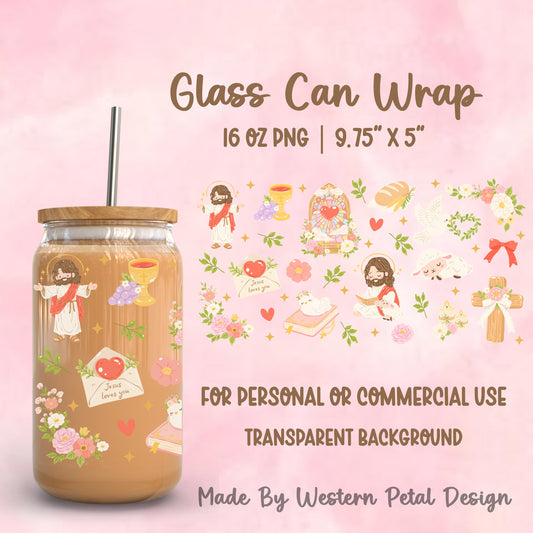 Jesus Loves You Glass Can Wrap PNG | Christian Floral UV DTF Design (Digital Download)