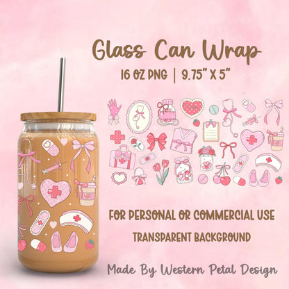Pink nurse glass can wrap PNG displayed on 16oz Libbey style glass with bows, stethoscope, pills, bandages, cherries, florals, and coquette medical elements.